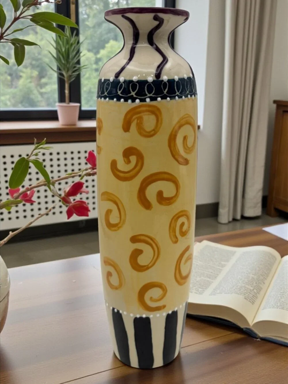 Signed Lily Mae & Sophronia Hand-Painted Ceramic Vase 10” Tall Folk Art Pottery